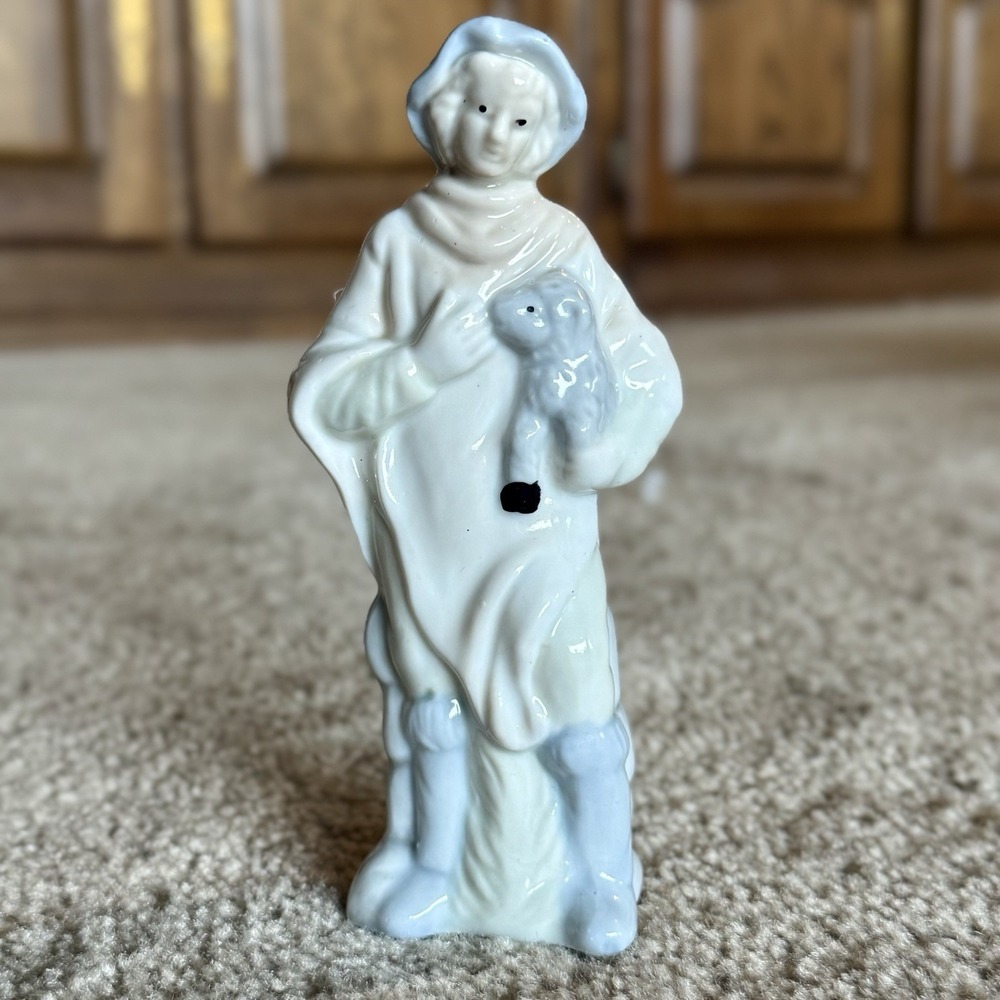 Shepherd Boy Holding Lamb Porcelain Gloss Replacement Nativity Piece Blue White